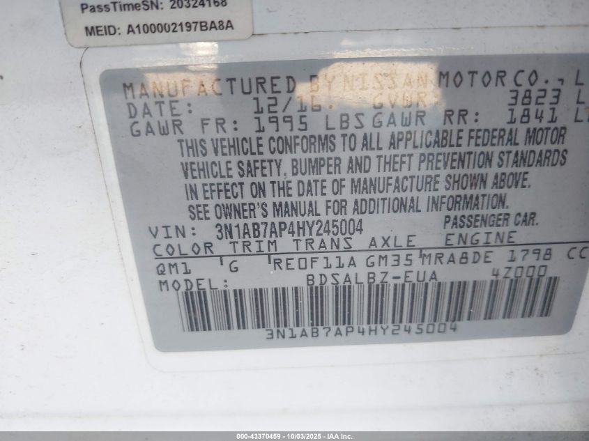 2017 Nissan Sentra S VIN: 3N1AB7AP4HY245004 Lot: 43370459