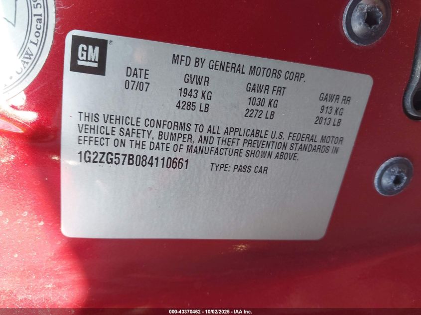 2008 Pontiac G6 VIN: 1G2ZG57B084110661 Lot: 43370462