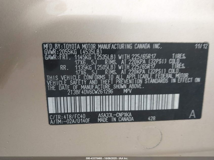 2012 Toyota Rav4 VIN: 2T3BF4DV6CW261296 Lot: 43370468