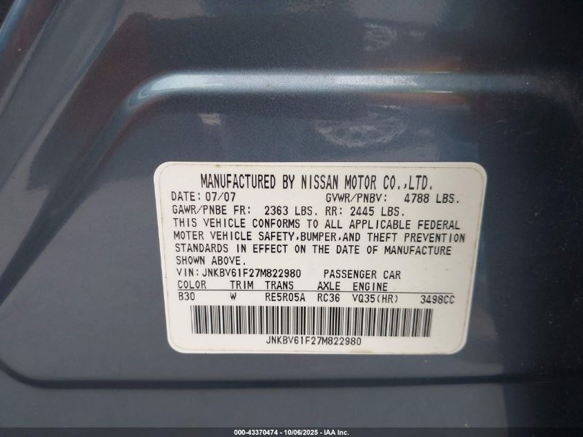 2007 Infiniti G35X VIN: JNKBV61F27M822980 Lot: 43370474