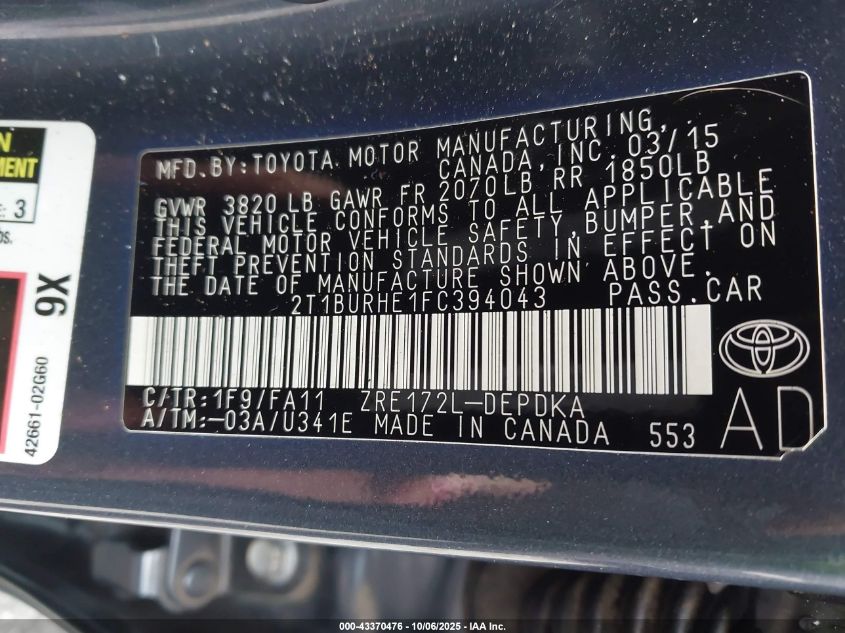 2015 Toyota Corolla L VIN: 2T1BURHE1FC394043 Lot: 43370476