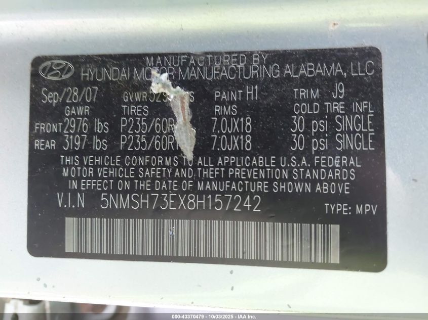 2008 Hyundai Santa Fe Limited/Se VIN: 5NMSH73EX8H157242 Lot: 43370479