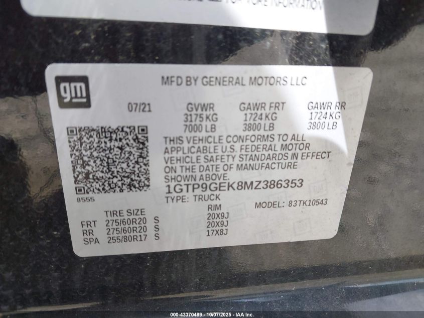 2021 GMC Sierra 1500 4Wd Short Box Elevation With 3Vl VIN: 1GTP9GEK8MZ386353 Lot: 43370489