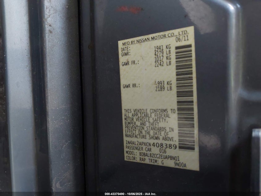 2012 Nissan Altima 2.5 S VIN: 1N4AL2APXCN408389 Lot: 43370490