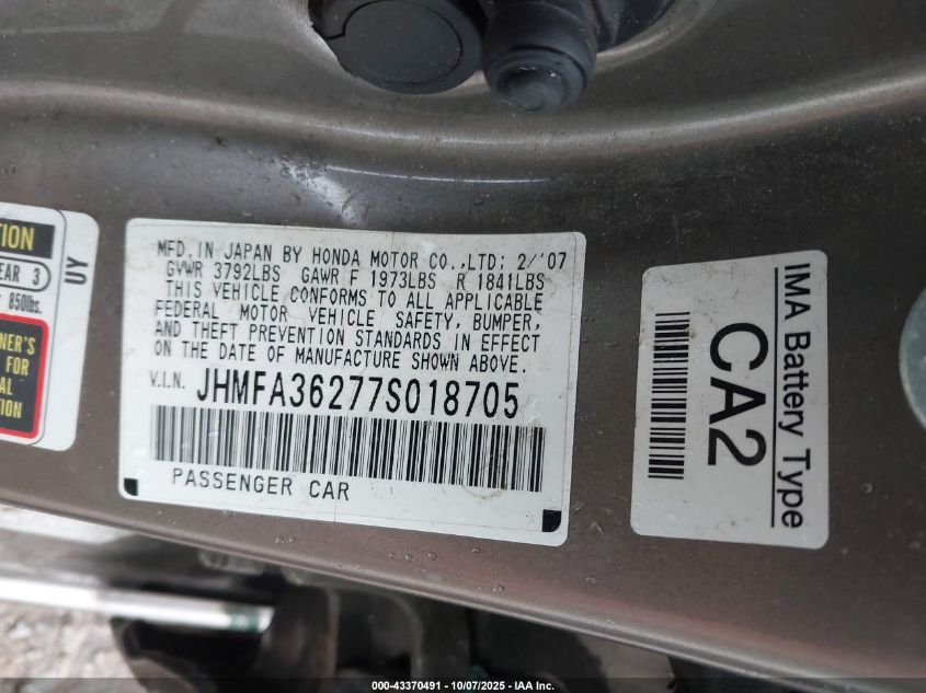 2007 Honda Civic Hybrid VIN: JHMFA36277S018705 Lot: 43370491