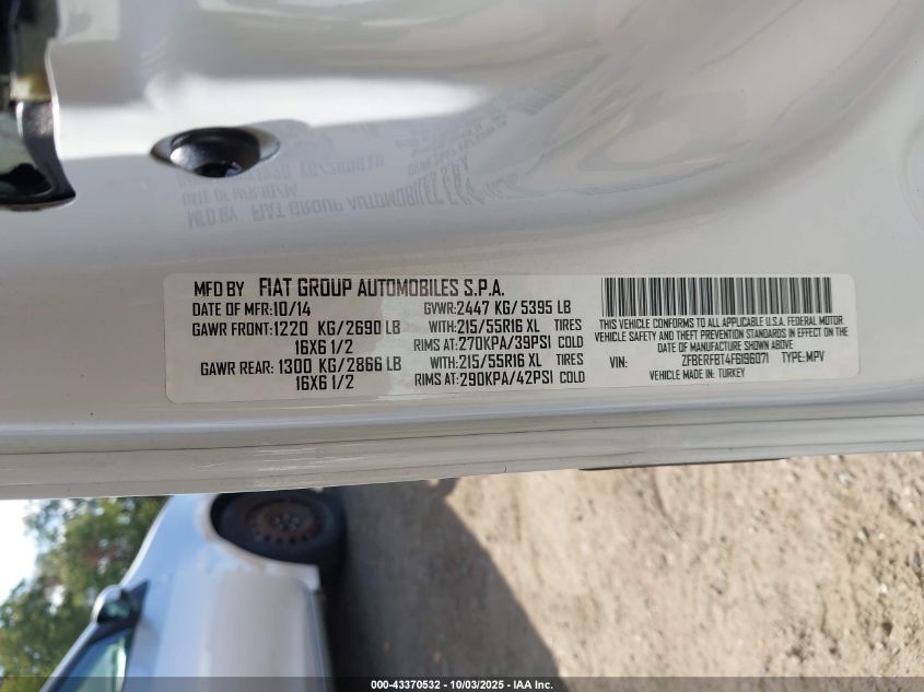 2015 Ram Promaster City Tradesman Slt VIN: ZFBERFBT4F6196071 Lot: 43370532