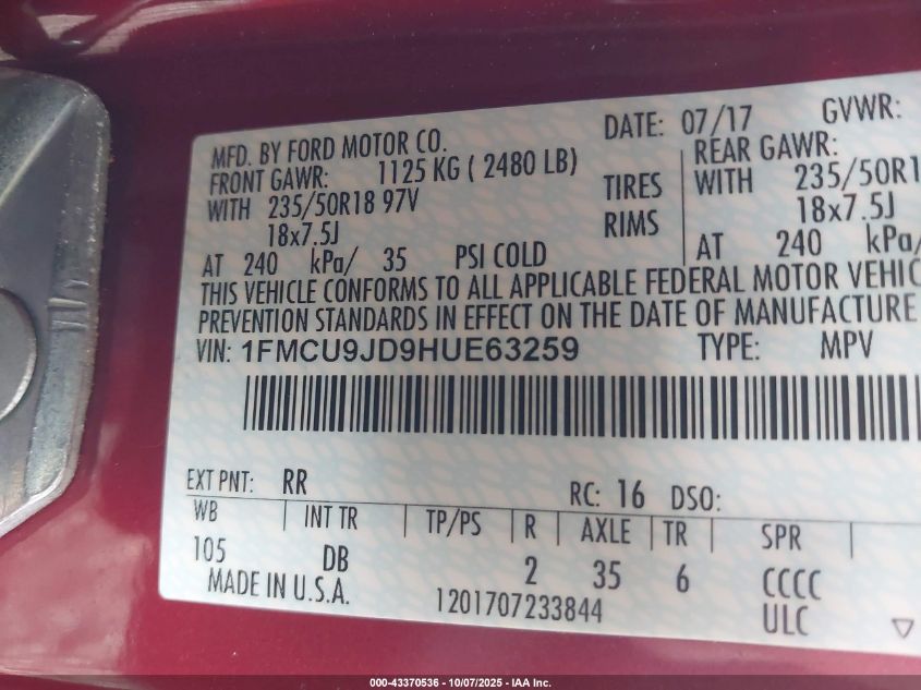 2017 Ford Escape Titanium VIN: 1FMCU9JD9HUE63259 Lot: 43370536