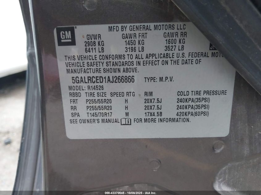 2010 Buick Enclave 2Xl VIN: 5GALRCED1AJ266866 Lot: 43370545