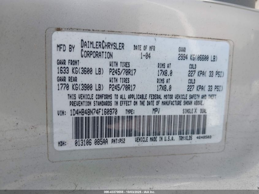 2004 Dodge Durango Slt VIN: 1D4HB48N74F160970 Lot: 43370555