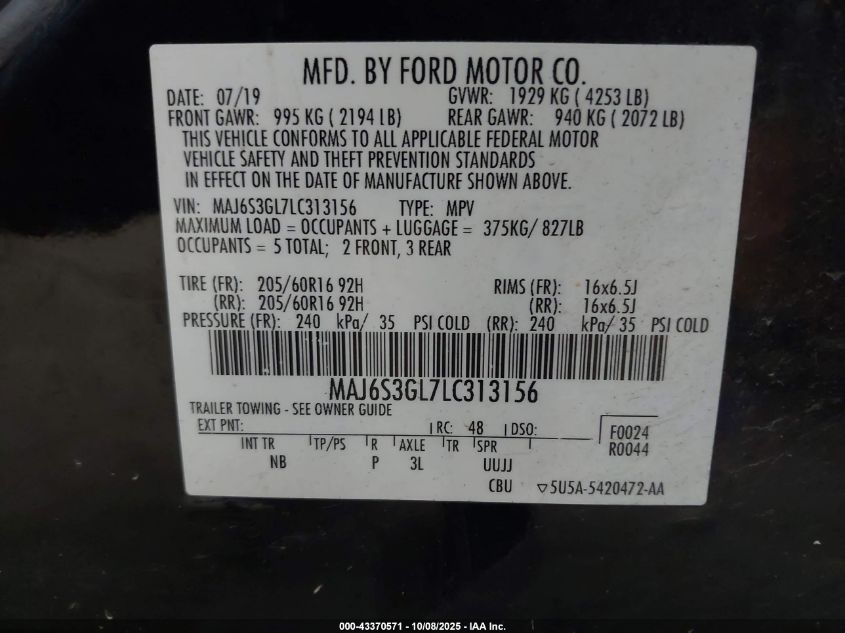 2020 Ford Ecosport Se VIN: MAJ6S3GL7LC313156 Lot: 43370571