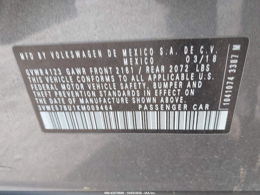 2019 Volkswagen Jetta 1.4T Sel VIN: 3VWE57BU1KM009464 Lot: 43370586