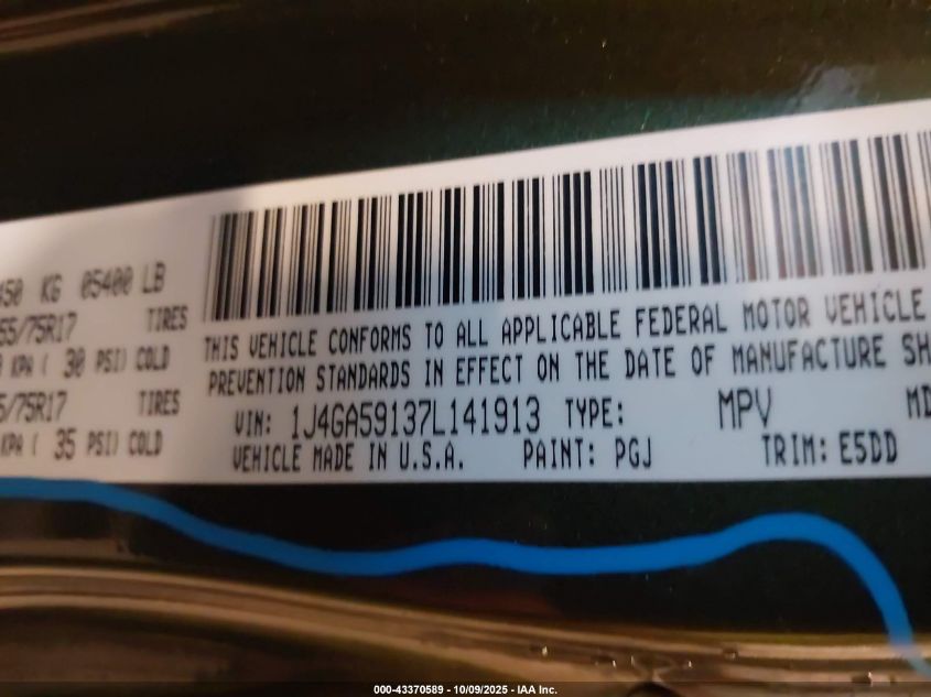 2007 Jeep Wrangler Unlimited Sahara VIN: 1J4GA59137L141913 Lot: 43370589