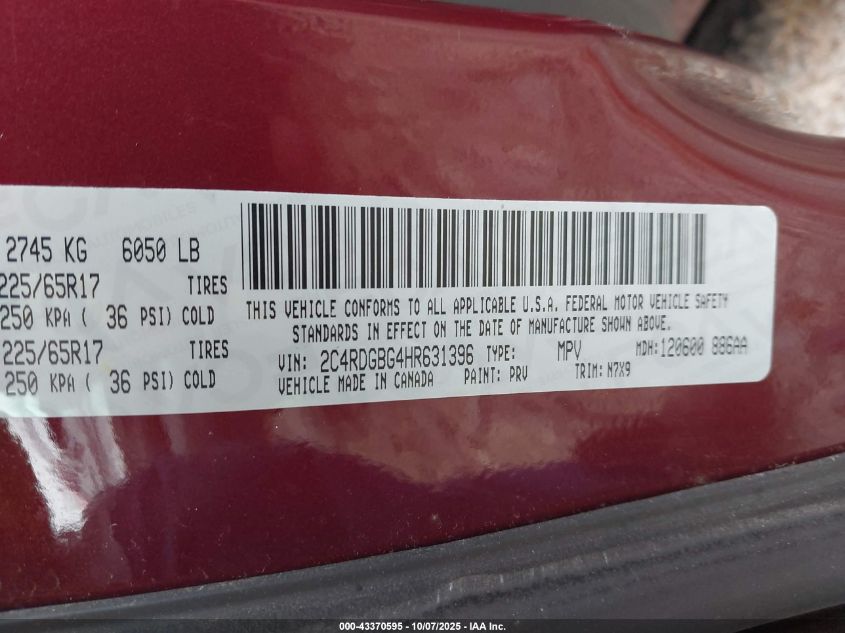 2017 Dodge Grand Caravan Se Plus VIN: 2C4RDGBG4HR631396 Lot: 43370595