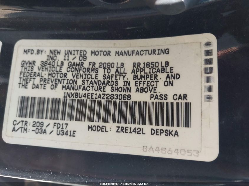 2010 Toyota Corolla S VIN: 1NXBU4EE1AZ283068 Lot: 43370597