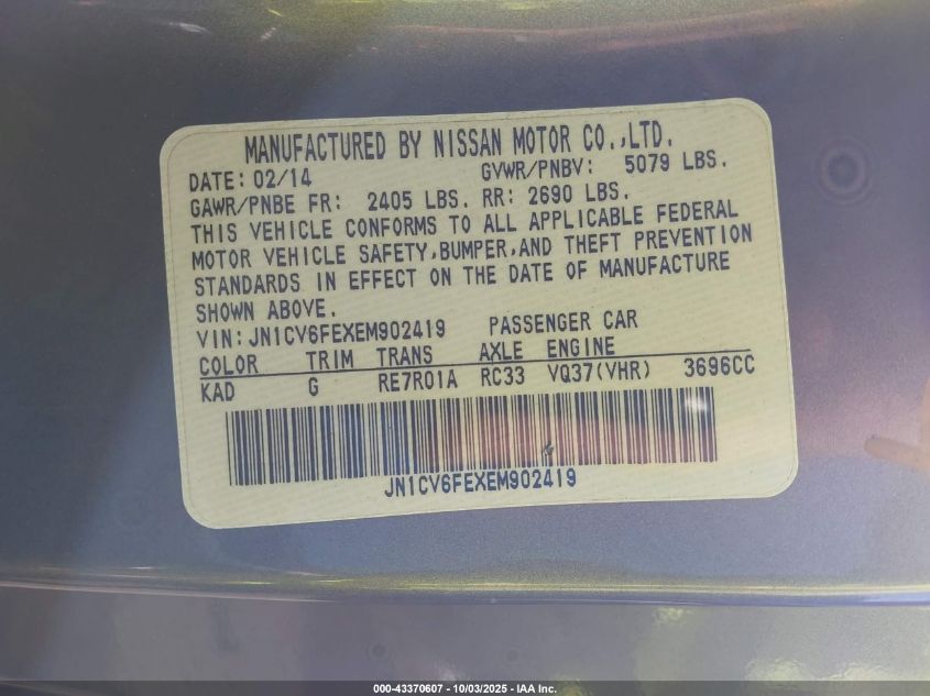 2014 Infiniti Q60 VIN: JN1CV6FEXEM902419 Lot: 43370607