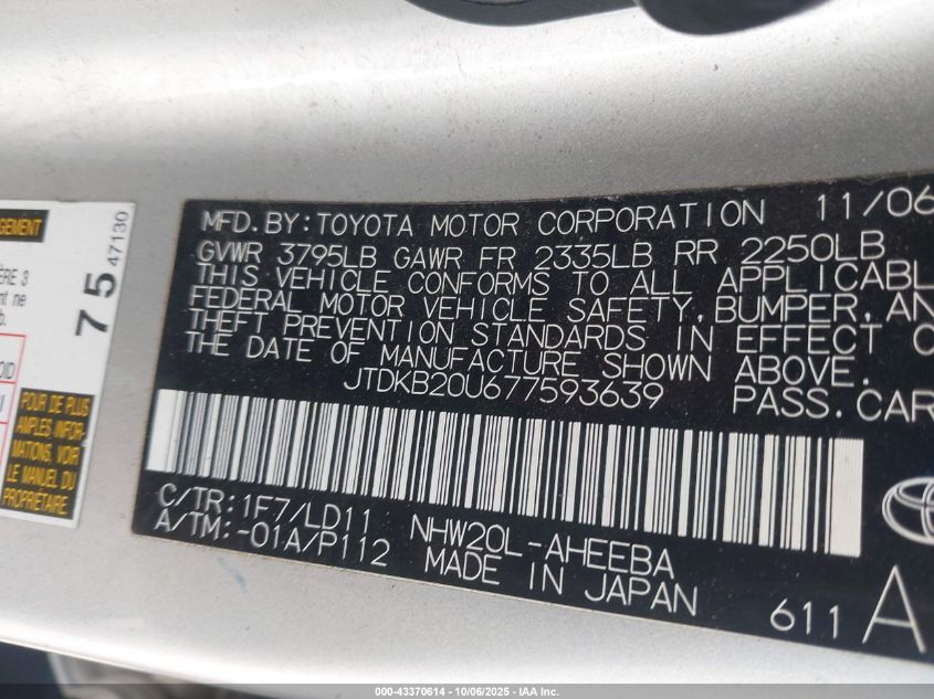 2007 Toyota Prius VIN: JTDKB20U677593639 Lot: 43370614