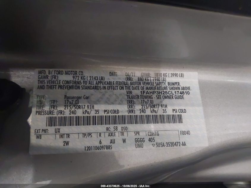 2012 Ford Focus Sel VIN: 1FAHP3H25CL174810 Lot: 43370625
