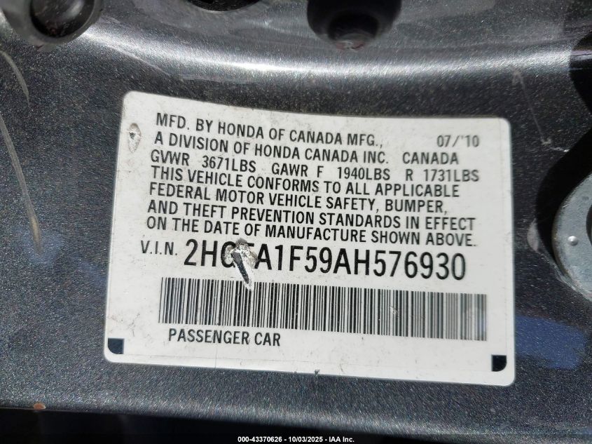 2010 Honda Civic Lx VIN: 2HGFA1F59AH576930 Lot: 43370626