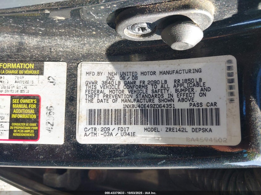 1NXBU40E49Z064351 2009 TOYOTA COROLLA photo no. 9
