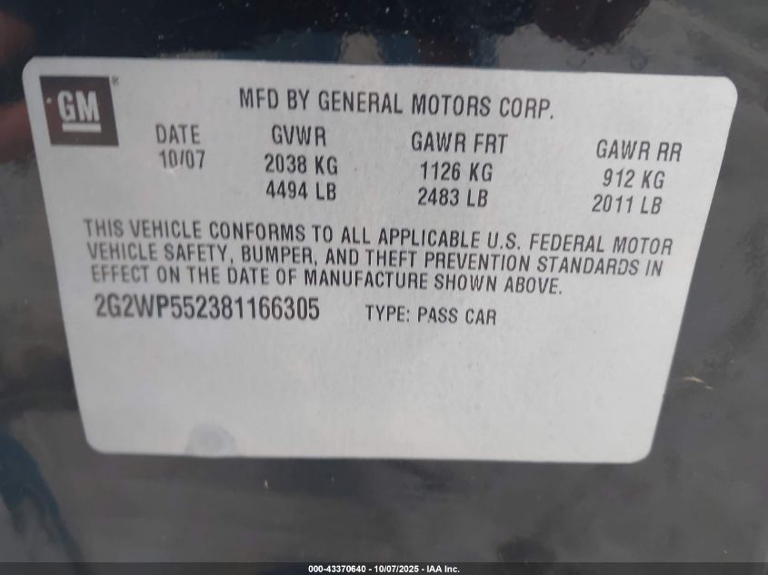 2008 Pontiac Grand Prix VIN: 2G2WP552381166305 Lot: 43370640