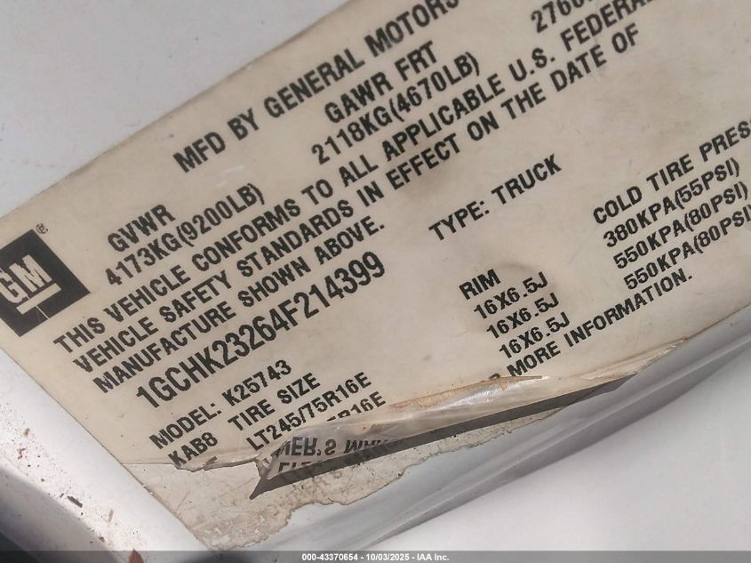 2004 Chevrolet Silverado 2500Hd Lt VIN: 1GCHK23264F214399 Lot: 43370654