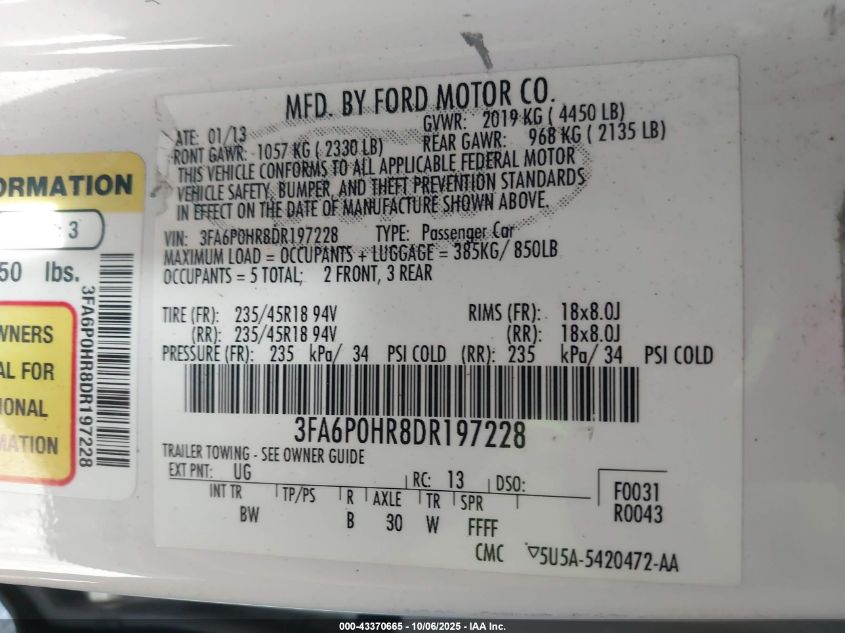 2013 Ford Fusion Se VIN: 3FA6P0HR8DR197228 Lot: 43370665