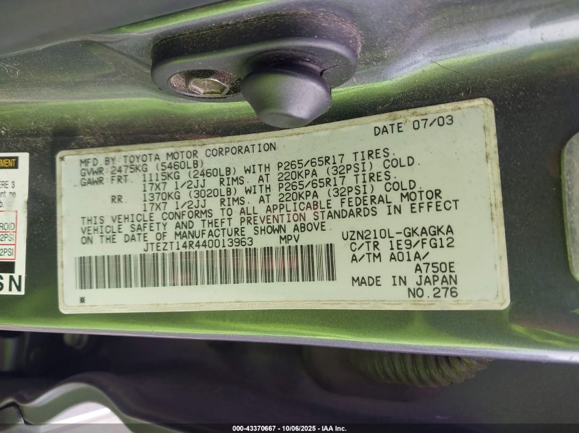 2004 Toyota 4Runner Sr5 V8 VIN: JTEZT14R440013963 Lot: 43370667