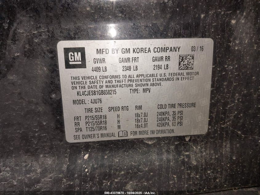 2016 Buick Encore VIN: KL4CJESB1GB658215 Lot: 43370670