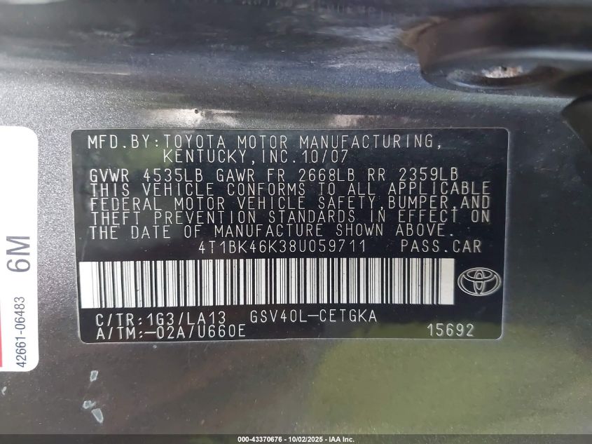 2008 Toyota Camry Xle V6 VIN: 4T1BK46K38U059711 Lot: 43370676