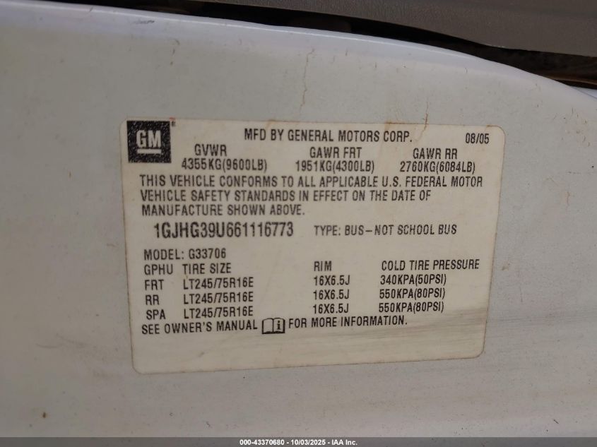2006 GMC Savana Ls VIN: 1GJHG39U661116773 Lot: 43370680