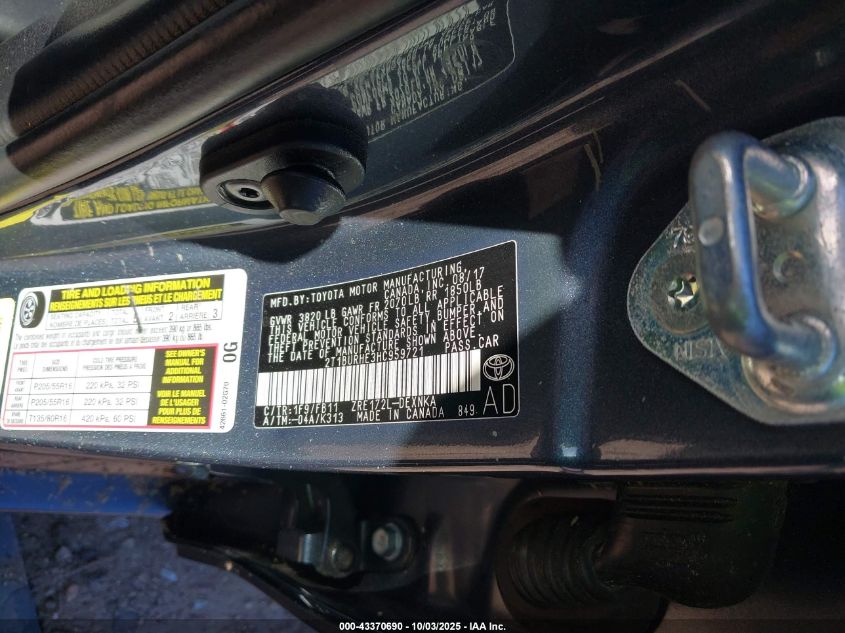 2017 Toyota Corolla Le VIN: 2T1BURHE3HC959721 Lot: 43370690