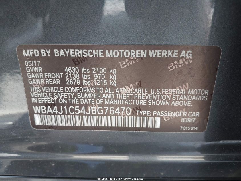 2018 BMW 430I Gran Coupe VIN: WBA4J1C54JBG76470 Lot: 43370693