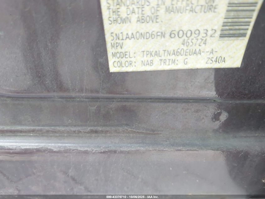 2015 Nissan Armada Platinum/Sl/Sv VIN: 5N1AA0ND6FN600932 Lot: 43370710