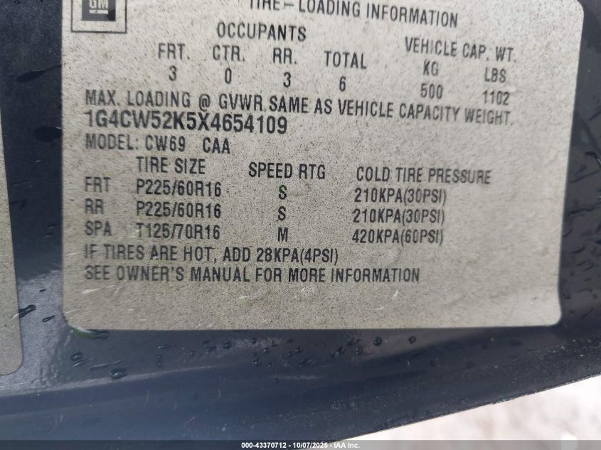 1999 Buick Park Avenue VIN: 1G4CW52K5X4654109 Lot: 43370712