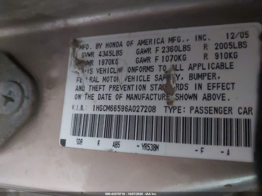 2006 Honda Accord 3.0 Ex VIN: 1HGCM66596A027208 Lot: 43370716