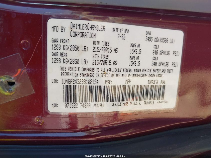 2003 Dodge Grand Caravan Se VIN: 1D4GP24323B102194 Lot: 43370717