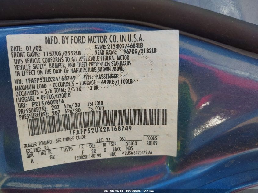 2002 Ford Taurus Lx VIN: 1FAFP52UX2A168749 Lot: 43370718