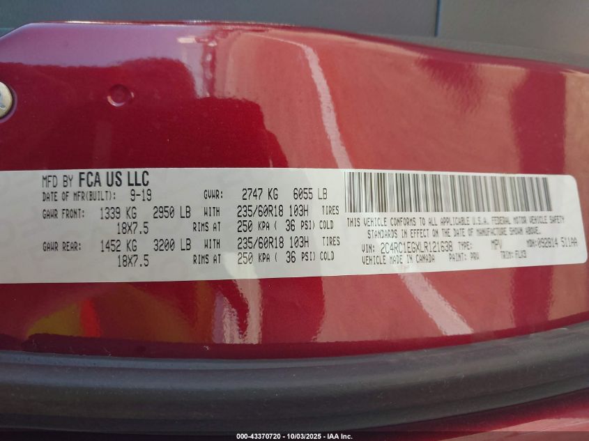 2020 Chrysler Pacifica Touring L Plus VIN: 2C4RC1EGXLR121638 Lot: 43370720