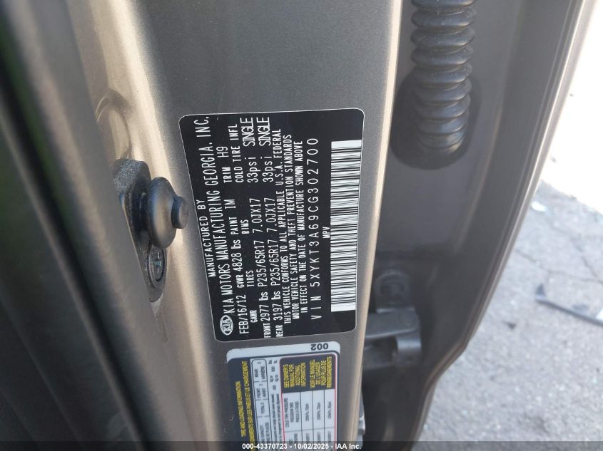 2012 Kia Sorento Lx VIN: 5XYKT3A69CG302700 Lot: 43370723