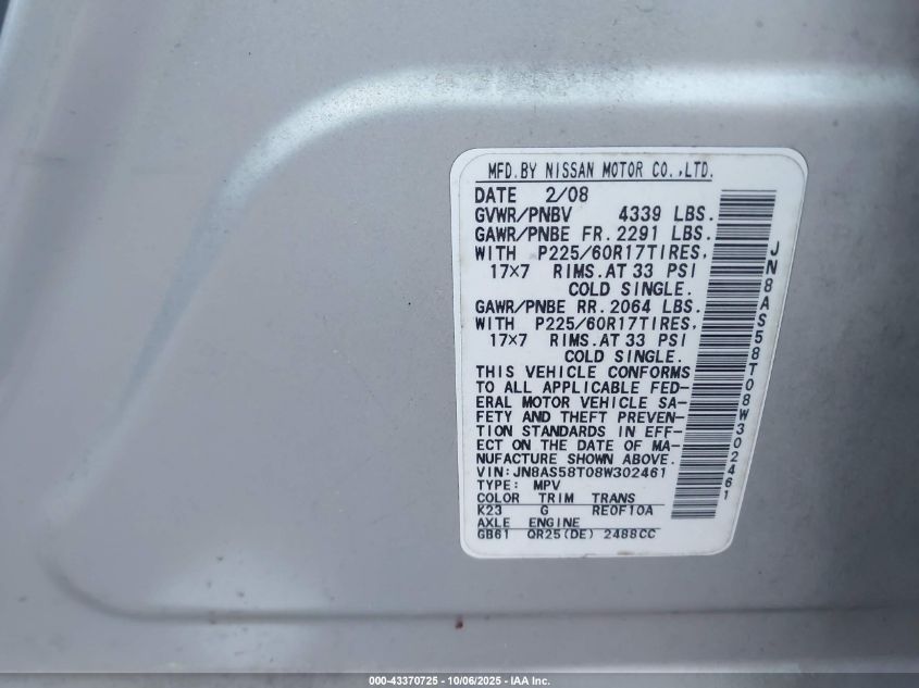 2008 Nissan Rogue Sl VIN: JN8AS58T08W302461 Lot: 43370725