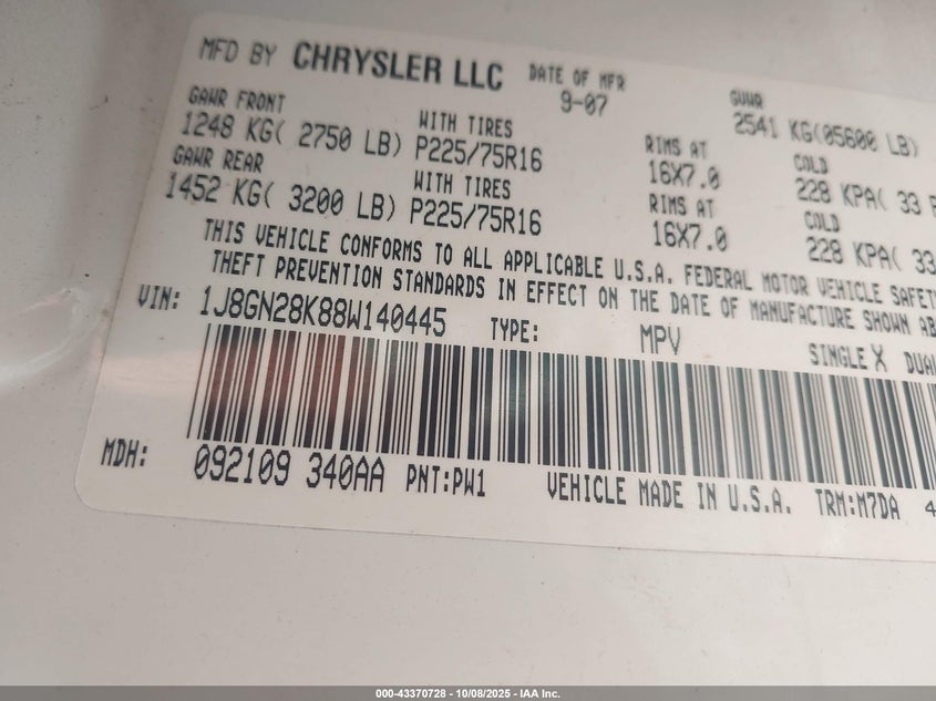 2008 Jeep Liberty Sport VIN: 1J8GN28K88W140445 Lot: 43370728