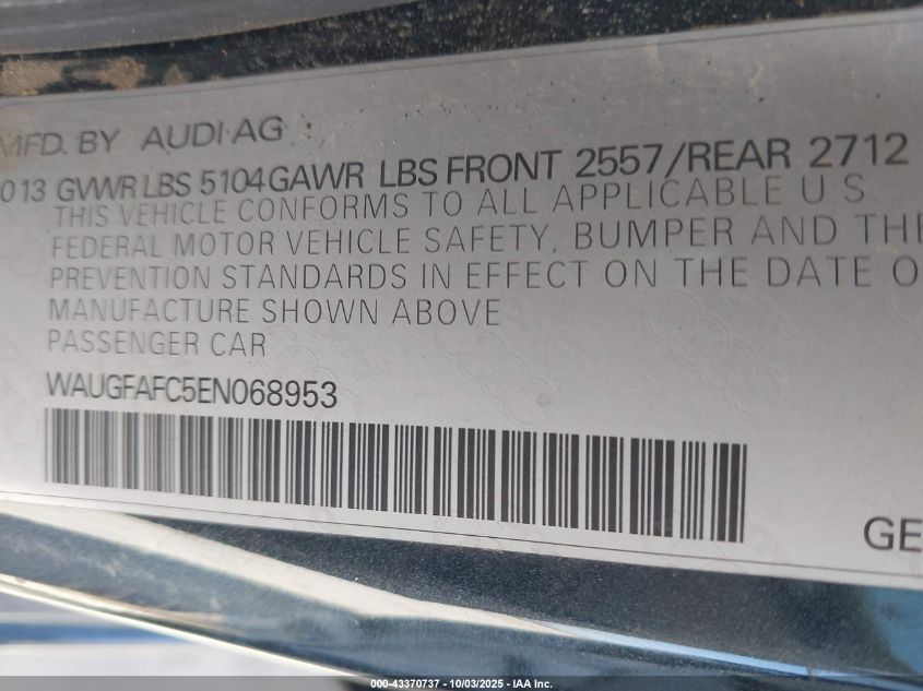 2014 Audi A6 2.0T Premium VIN: WAUGFAFC5EN068953 Lot: 43370737