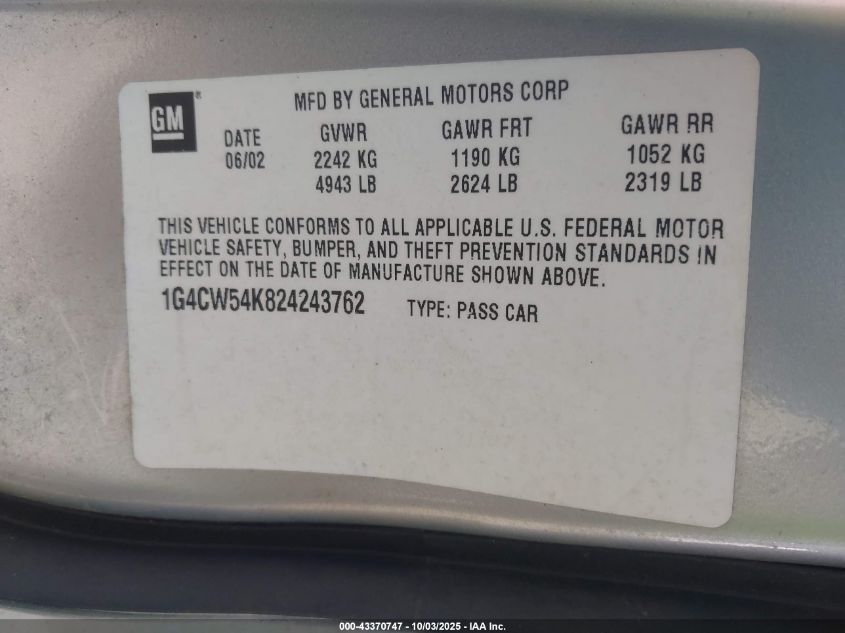 2002 Buick Park Avenue VIN: 1G4CW54K824243762 Lot: 43370747