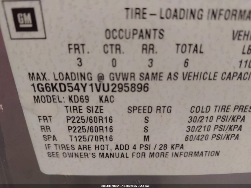 1997 Cadillac Deville Standard VIN: 1G6KD54Y1VU295896 Lot: 43370751