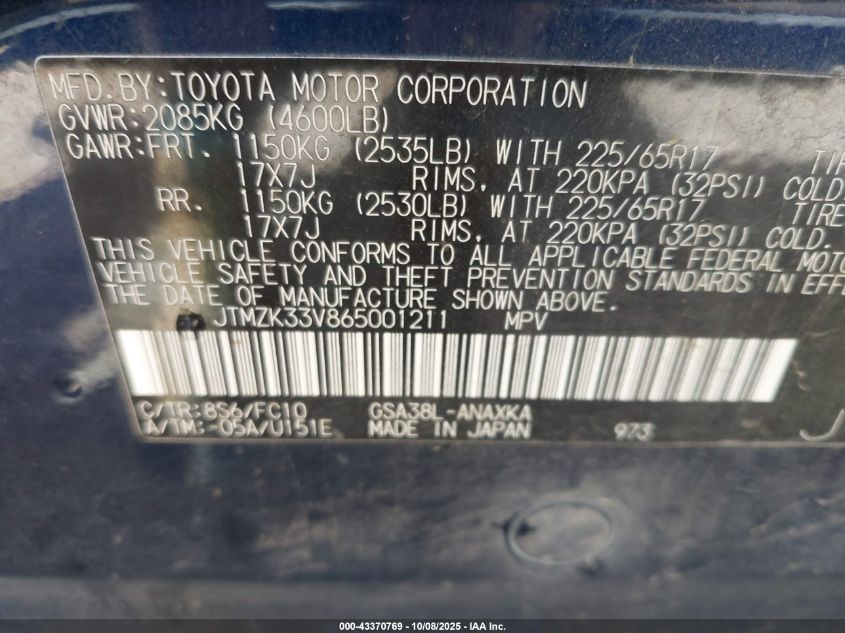 2006 Toyota Rav4 Base V6 VIN: JTMZK33V865001211 Lot: 43370769