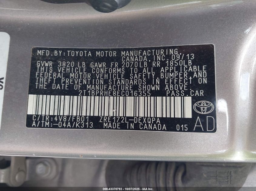 2014 Toyota Corolla Le Eco VIN: 2T1BPRHE8EC016355 Lot: 43370793