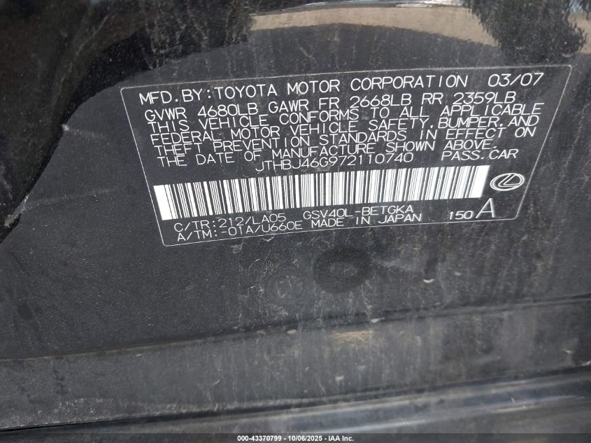 2007 Lexus Es 350 VIN: JTHBJ46G972110740 Lot: 43370799