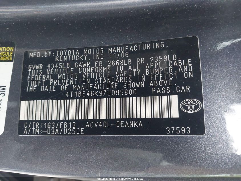 2007 Toyota Camry Le VIN: 4T1BE46K97U095800 Lot: 43370803