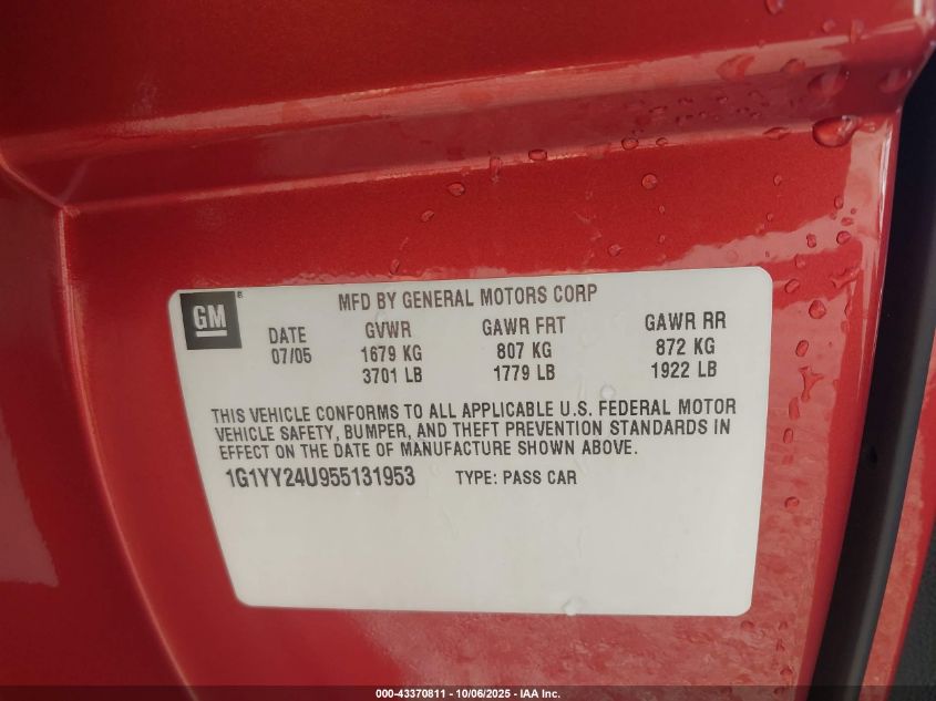 2005 Chevrolet Corvette VIN: 1G1YY24U955131953 Lot: 43370811