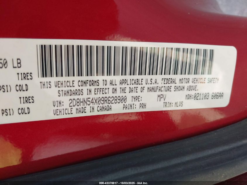 2009 Dodge Grand Caravan Sxt VIN: 2D8HN54X09R628900 Lot: 43370817